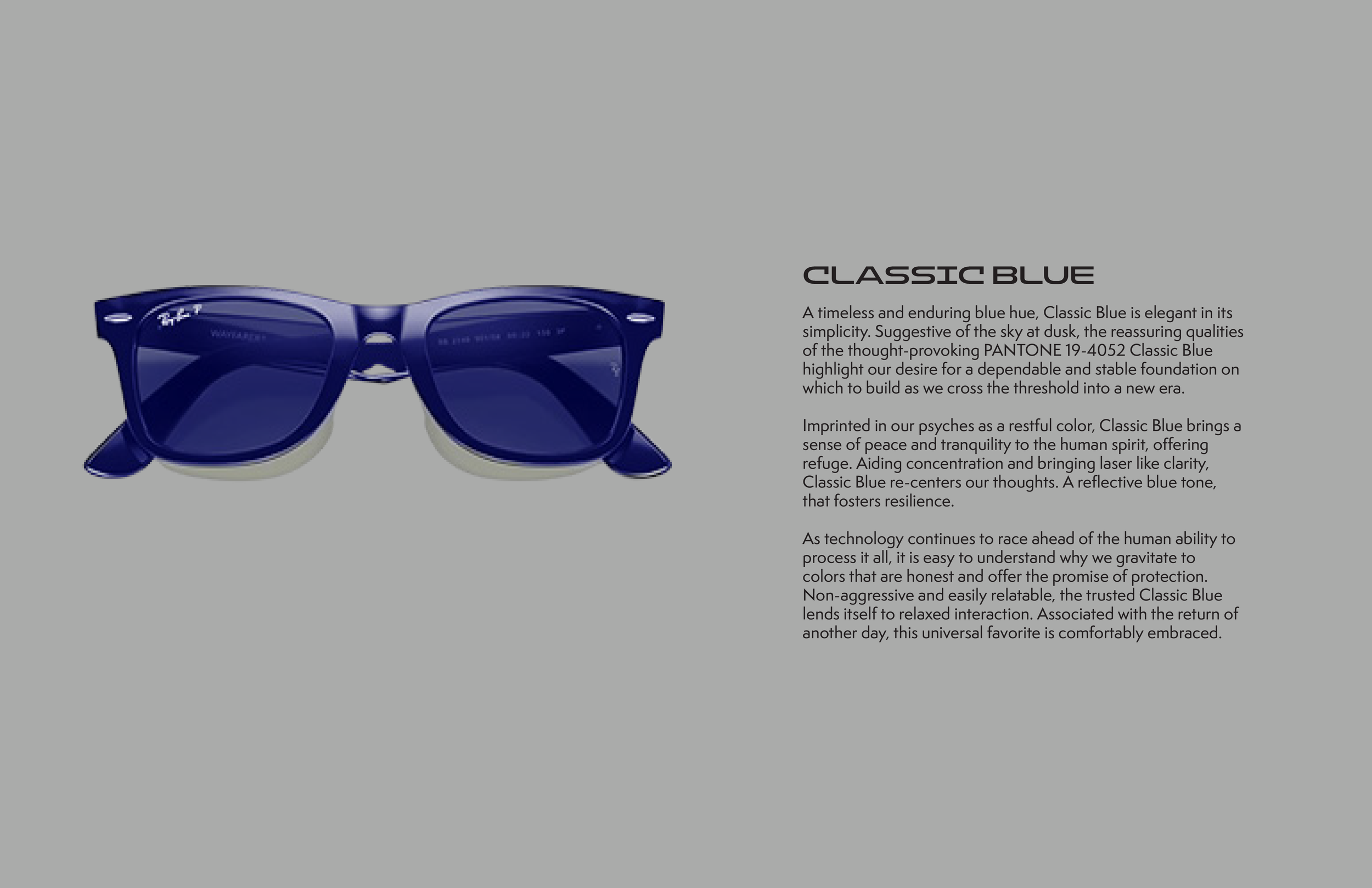 Blue sunglasses with a description of their color and style.