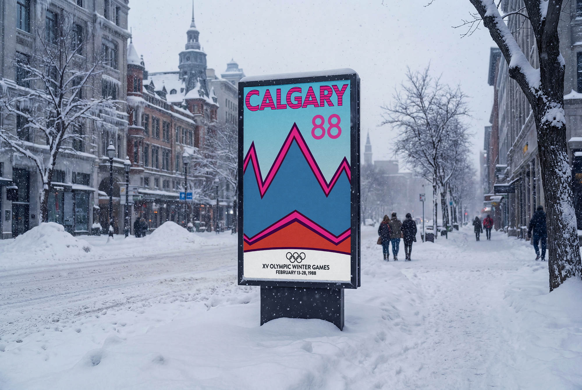 A snowy city street with people walking and a digital billboard advertising the Calgary 88 Winter Olympics, held February 13-28, 1988.
