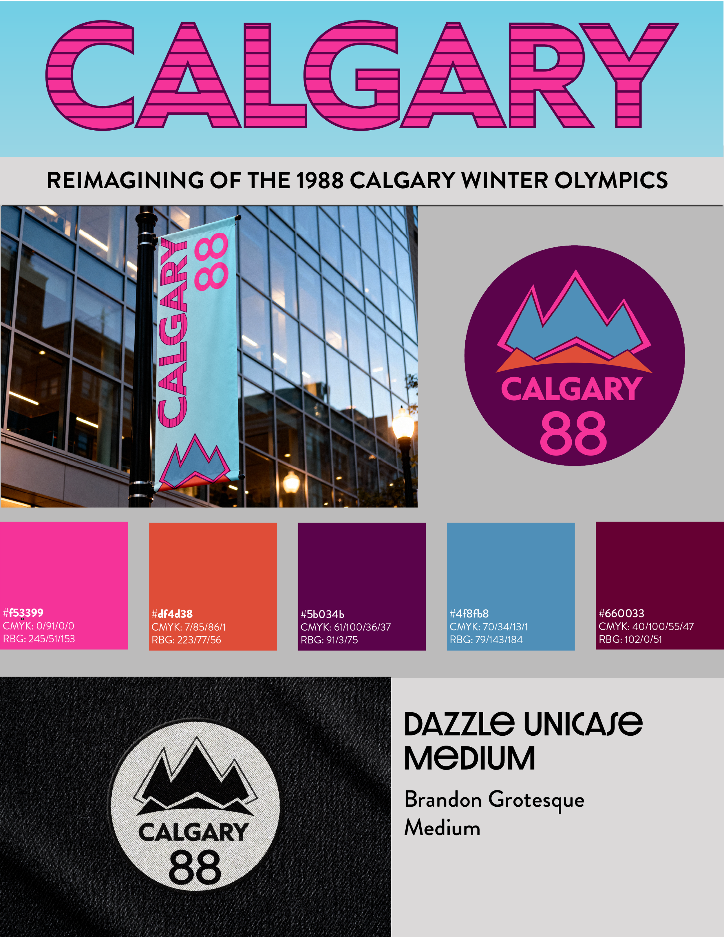 Banner and logo for Calgary 88, reimagining the 1988 Calgary Winter Olympics, with color palette and typography details.