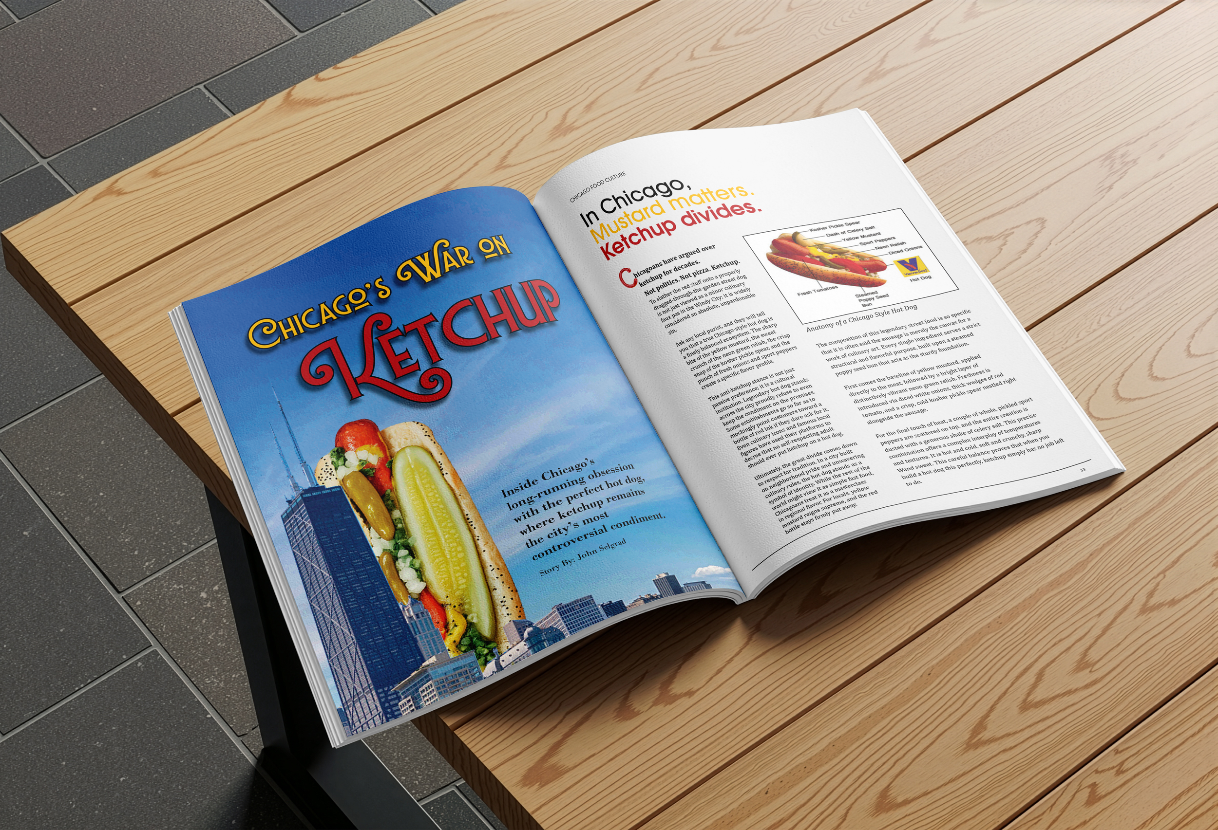 Open magazine on a wooden table with an article titled 'Chicago's War on Ketchup' and a colorful hot dog image on the page.