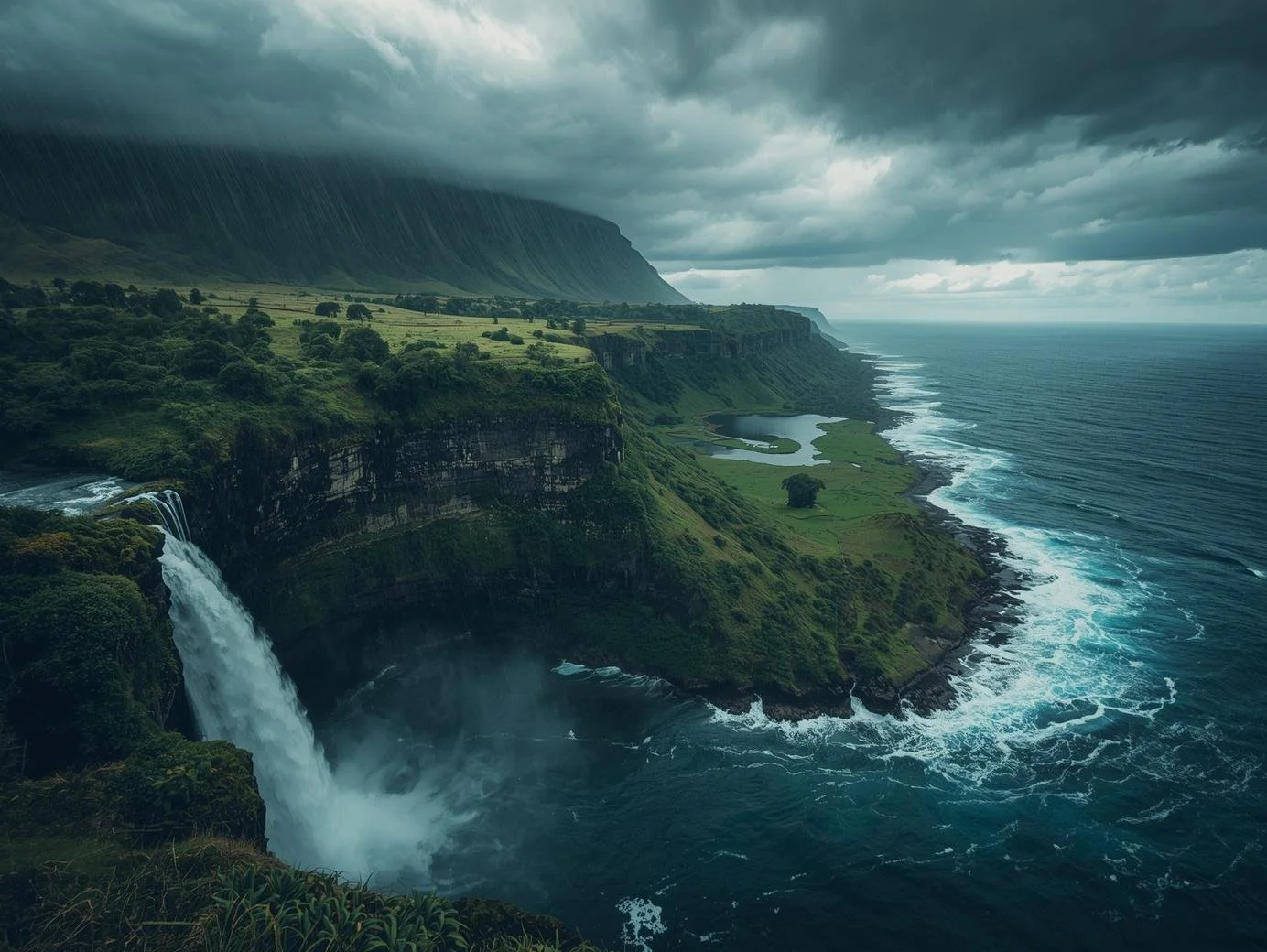 Lush landscape with clouds pouring rain from cliffs to a waterfall to a lake to the sea.