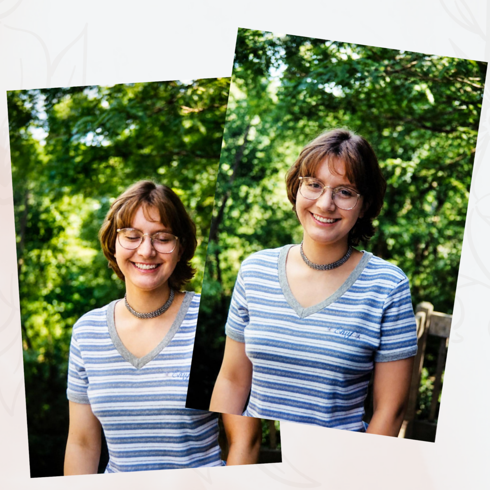Two images of Erin from her senior year of high school, on the deck overlooking her backyard.