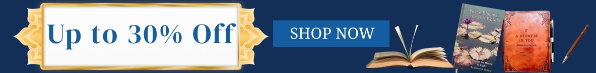 Ad banner stating "Up to 30% Off, Shop Now." There are books, a journal, and a carved wooden pen decorating the banner.