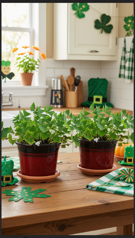 Two shamrock plants on a kitchen table surrounded by St. Patrick's Day decor.