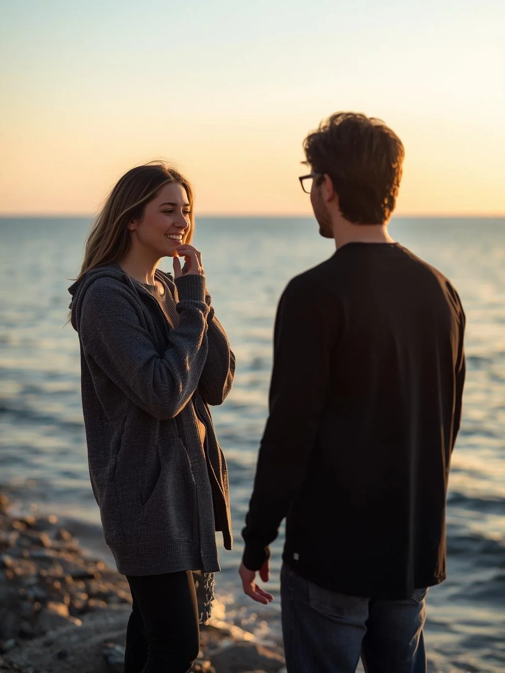 A woman asks a man a question at the Lake Michigan shoreline.