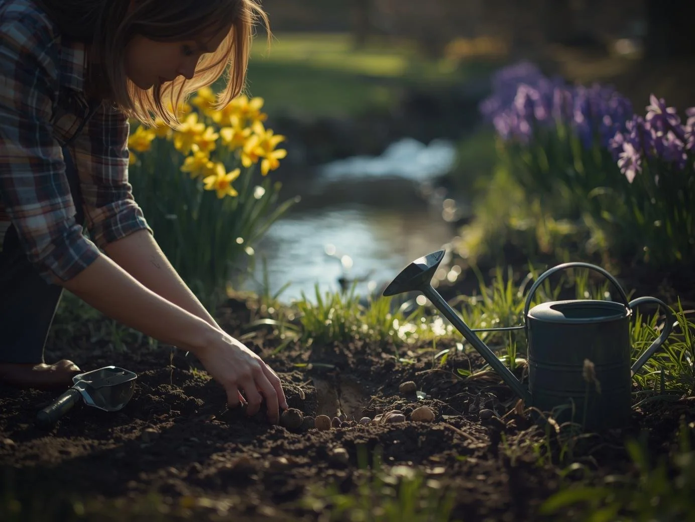 A young woman plants seeds in her flower garden next to a beautiful stream.