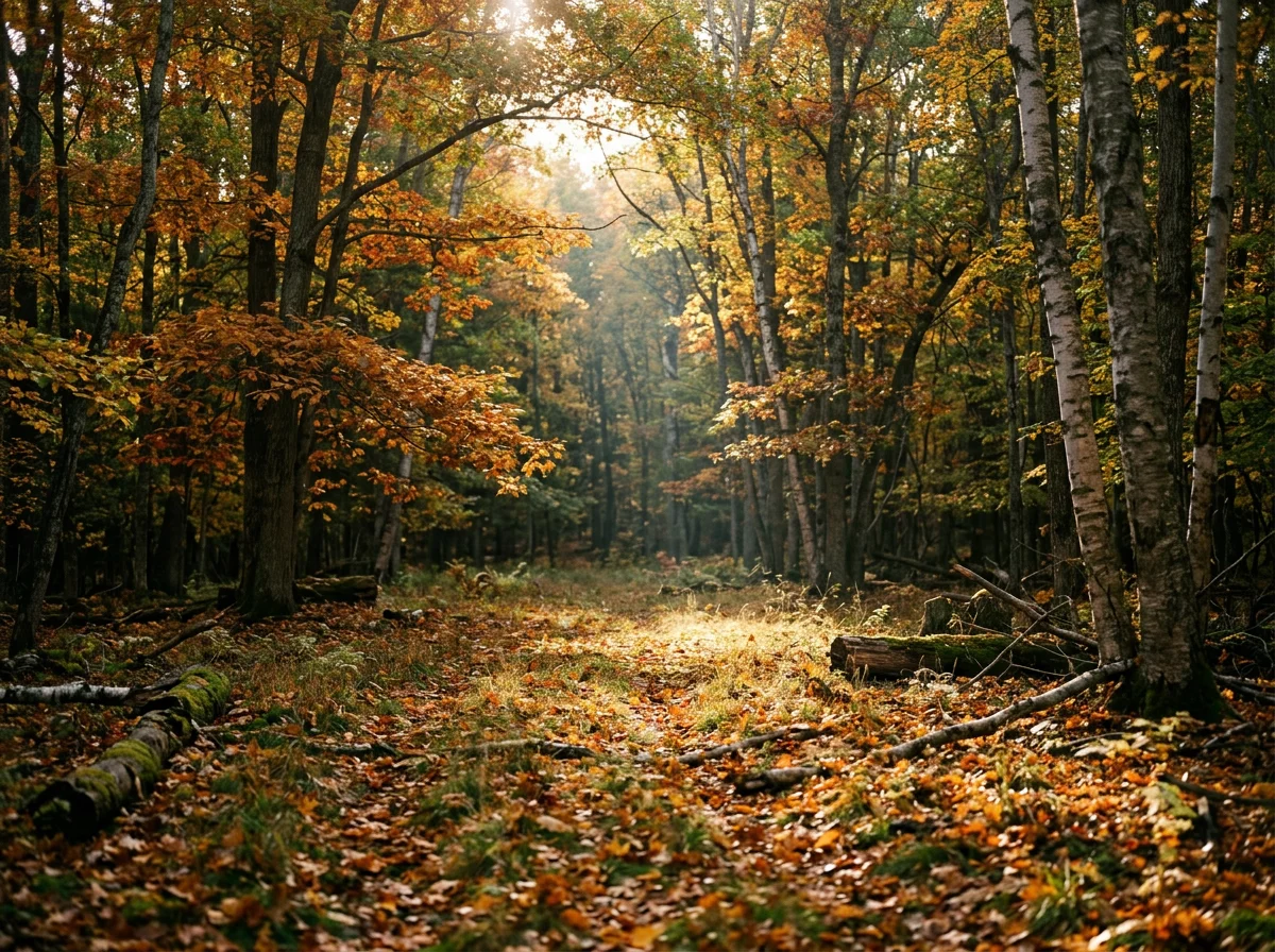 An autumn woods with a sunlit clearing.