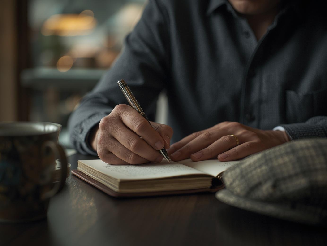 A zoomed in shot of a man wearing a dark gray shirt writes in a notebook with a pen, sitting at a dark wooden table in a cozy coffee shop, with a mug on the left side. He is featured poet, Daniel B. Rebant.