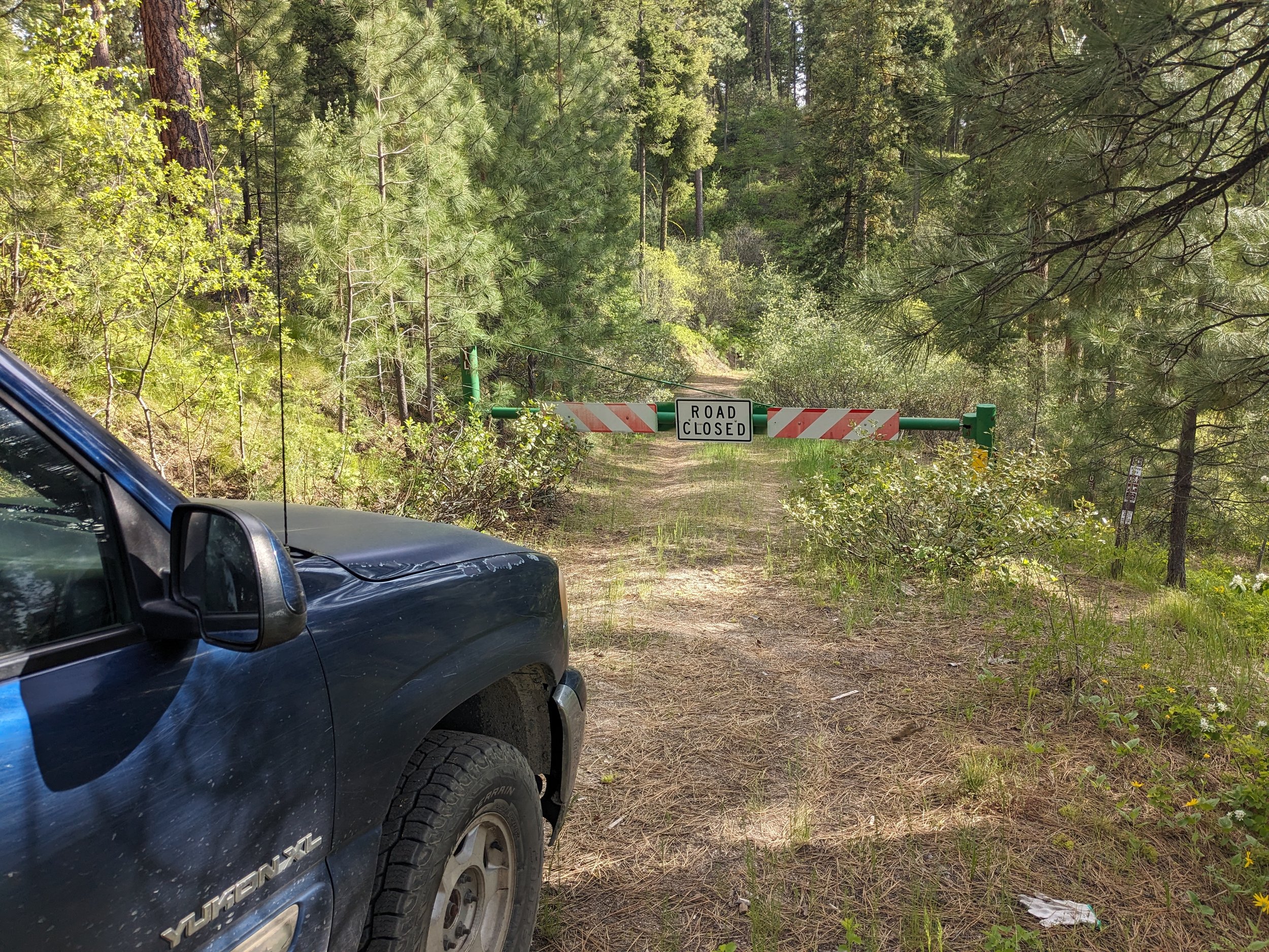 A black vehicle parked on a dirt road in a forested area with a 'Road Closed' barrier blocking the path.