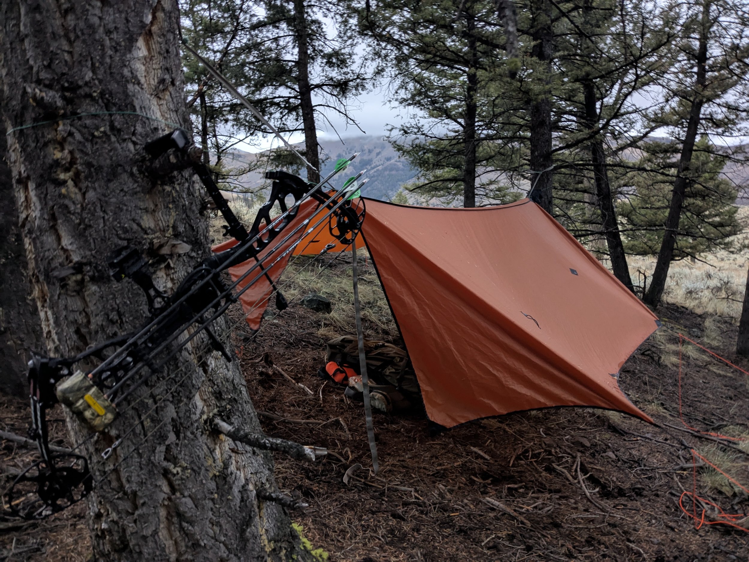 A camping setup in a forest featuring an orange tarp shelter tied between trees. A bow and arrows are secured to a tree trunk nearby, with a backpack and other camping gear underneath the tarp.