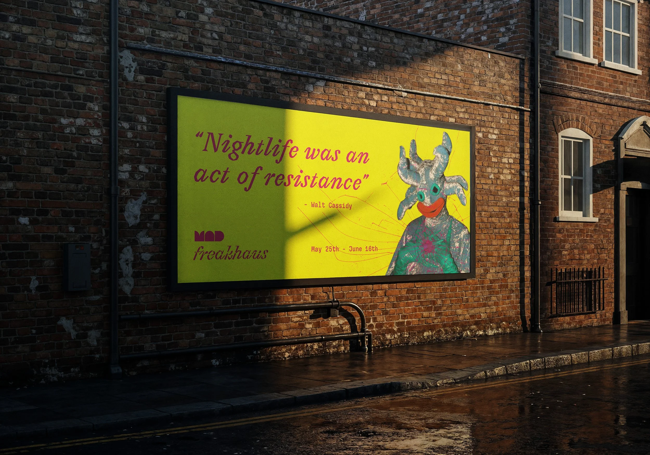 Billboard Design–
This statement piece features a quote from Walt Cassidy, a central figure in the Club Kids movement. The quote and image capture the heart of the exhibit by showcasing the wild looks while hinting that these transformations were abo