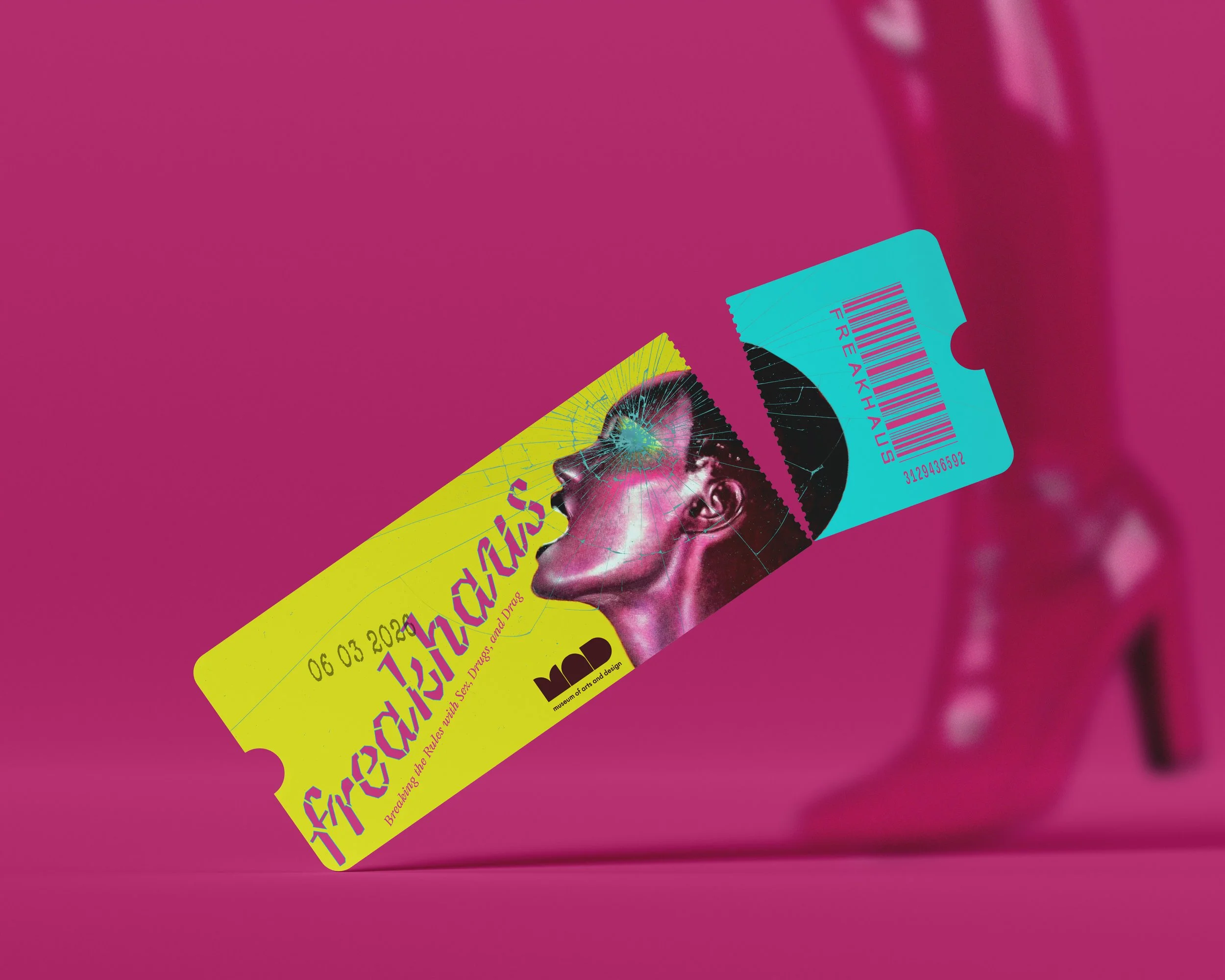 Ticket Design–
This ticket serves as a physical memento from the exhibit while staying consistent with the rest of the collateral. The tear-off portion cuts through some of the figures’ heads, symbolizing how visitors will leave with an expanded pers