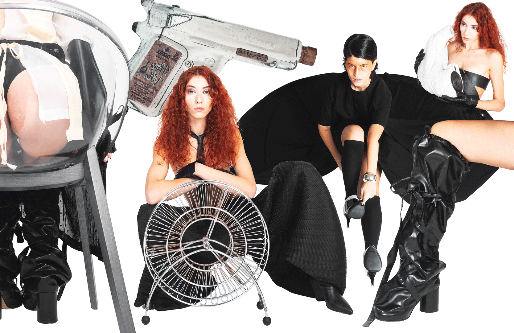 Three women surrounded by various objects, including a futuristic bubble helmet, a hairdryer, a large black umbrella, a spray bottle, and a fake gun, against a white background.