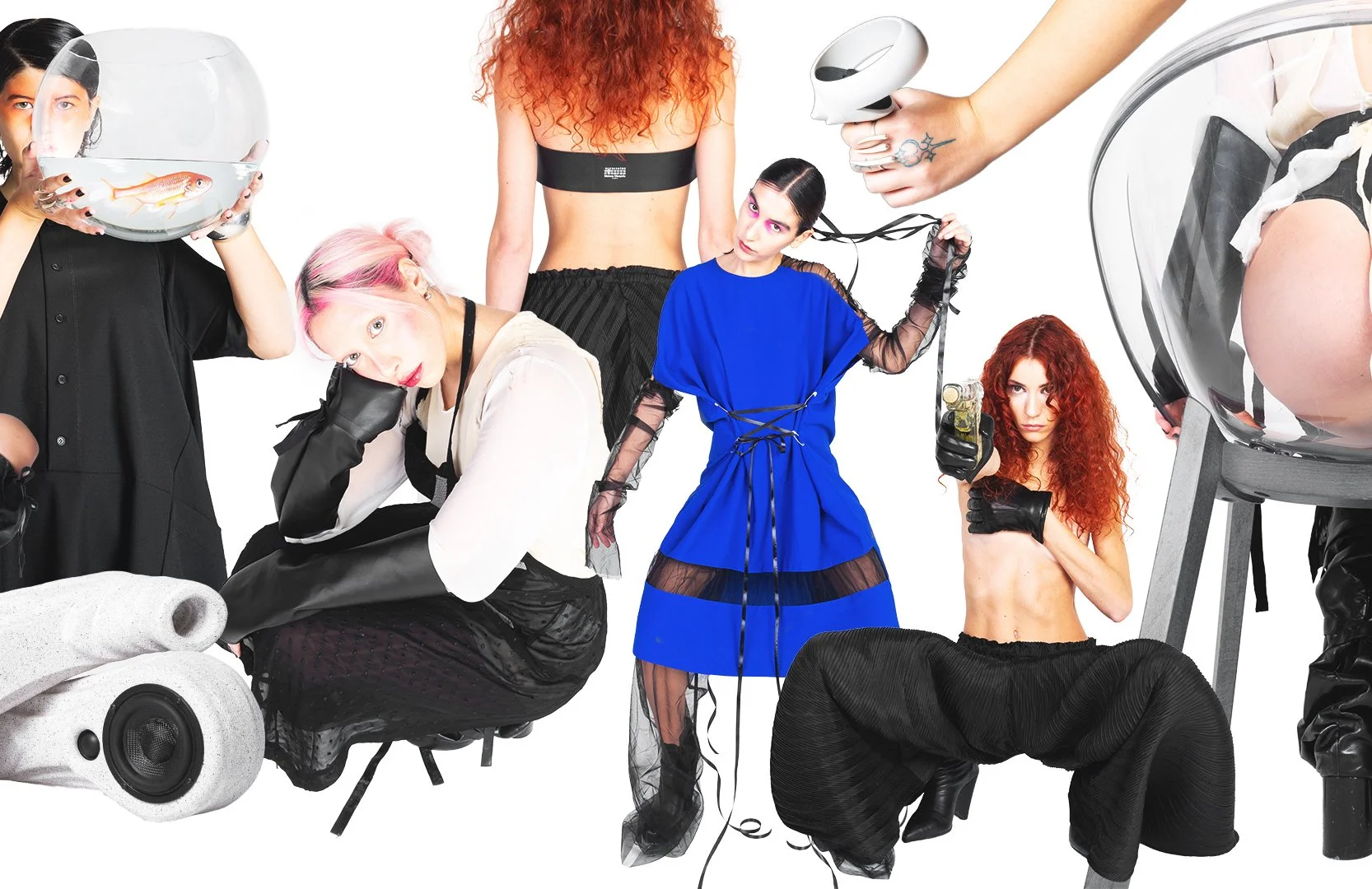 Group of five people with eccentric fashion and unusual accessories, some holding objects, set against a white background.