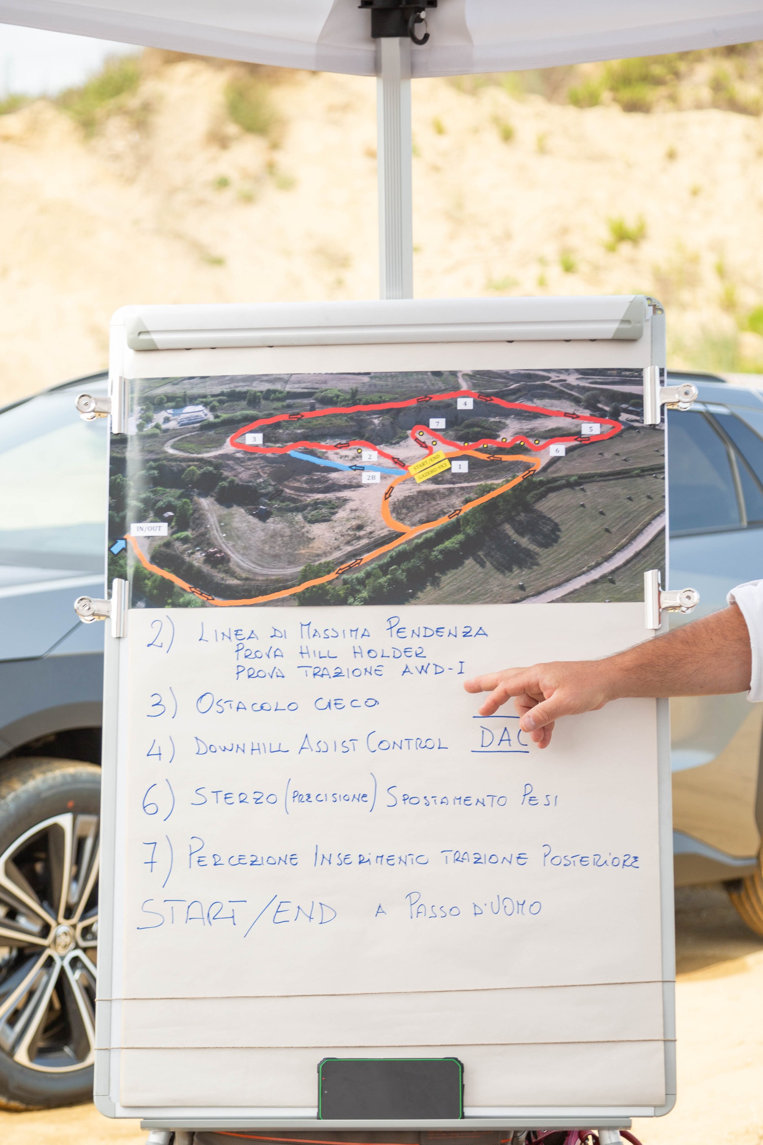 A whiteboard with handwritten notes in Italian and a map of a racing circuit displayed at the top. The notes include numbered points and instructions related to driving techniques. A person's hand is pointing at the board.