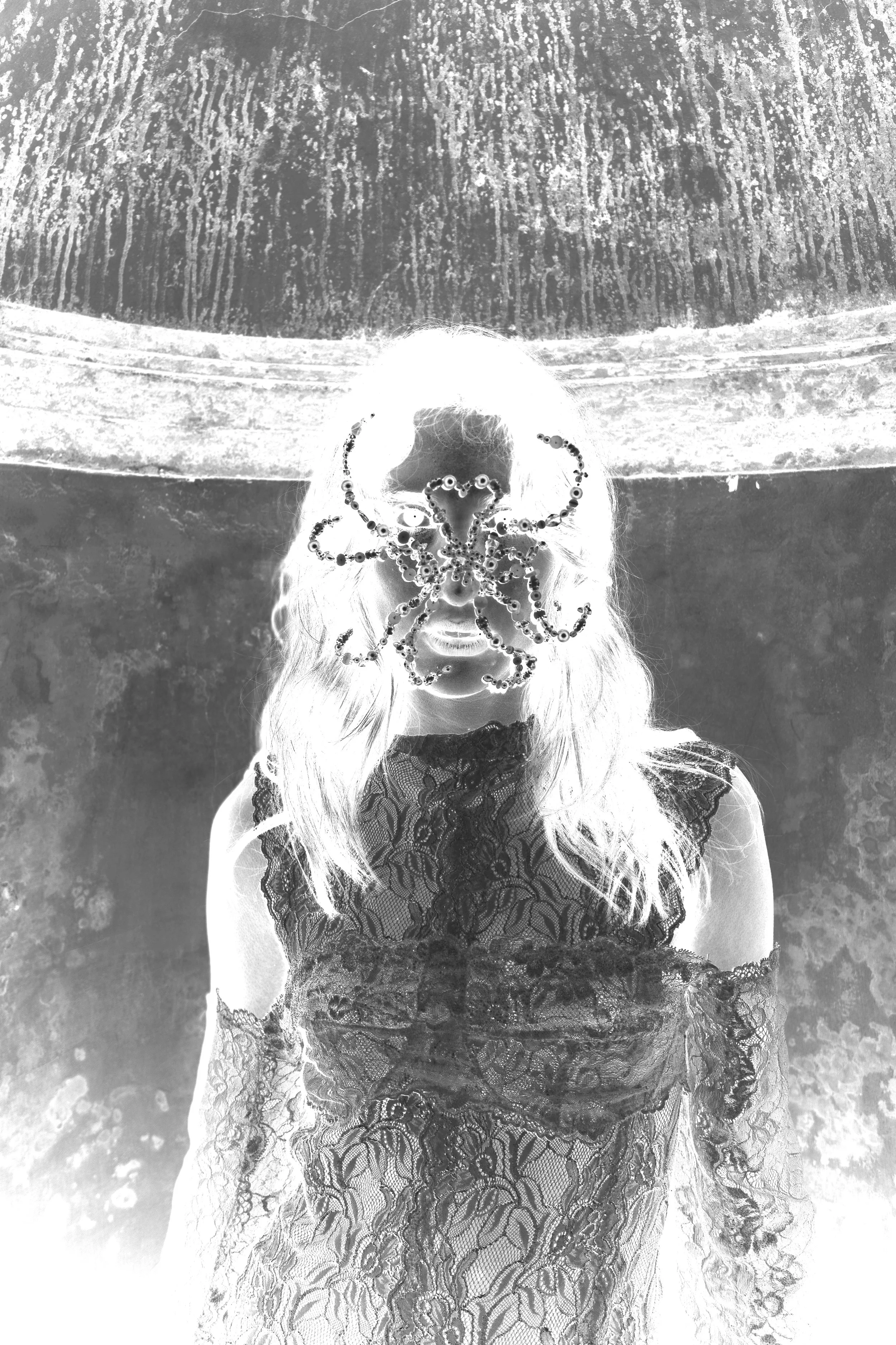 Silhouette of a woman in a lace dress holding an octopus in front of her face, with a textured ceiling in the background.