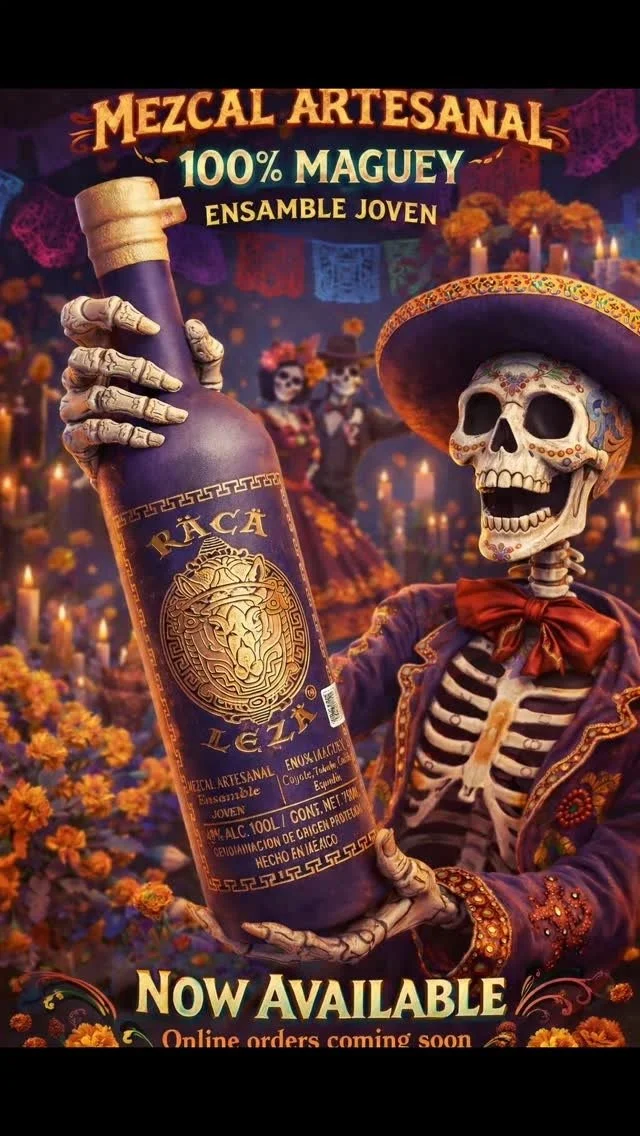 Skeleton dressed in traditional Mexican attire holding a large bottle of mezcal, with colorful papel picado decorations and marigold flowers in the background, celebrating Mexican culture.