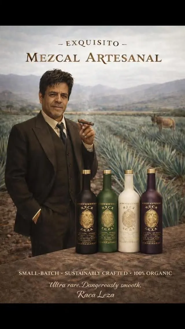 A man in a suit holding a cigar in front of a backdrop of agave plants and mountains, advertising artisanal mezcal bottles labeled with 'Roca Leza', emphasizing small batch, sustainability, and organic qualities.