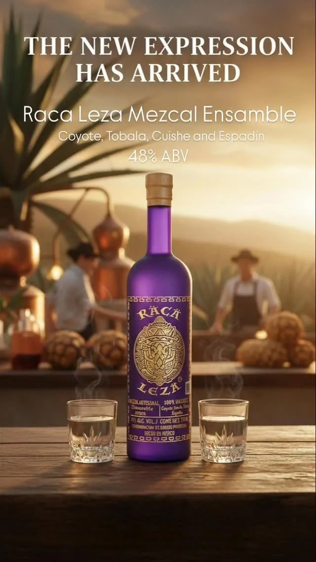 A promotional poster for Raca Leza Mezcal Ensemble featuring a purple bottle of mezcal with a golden label, two glasses of mezcal on a wooden surface, and a blurred outdoor setting with people and the sunset in the background.
