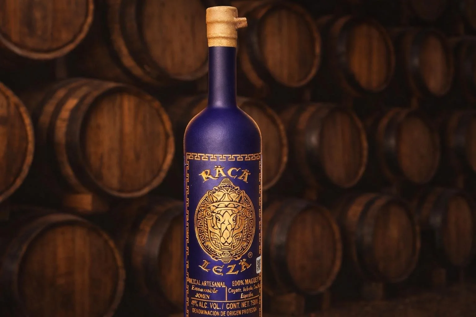 A blue bottle of RÄCÄ LÉZÍ liquor with gold label featuring a Bulldog head, standing in front of stacked wooden barrels in a cellar.