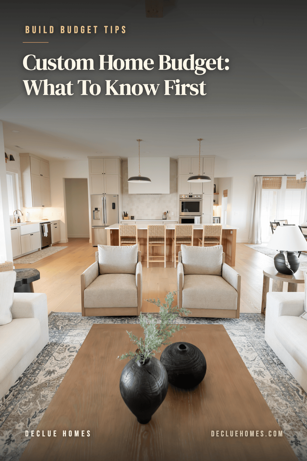 Custom Home Budget: What to Know First, a DeClue Homes guide shown over a white kitchen.