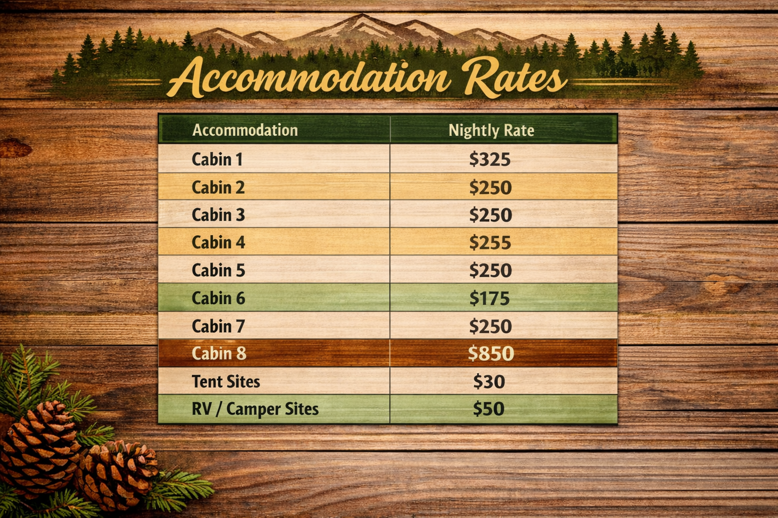 A wooden sign displaying accommodation rates for a retreat or campground, with cabins and site options and their nightly prices. The background features mountains and trees, and there are pinecones and greenery in the corner.