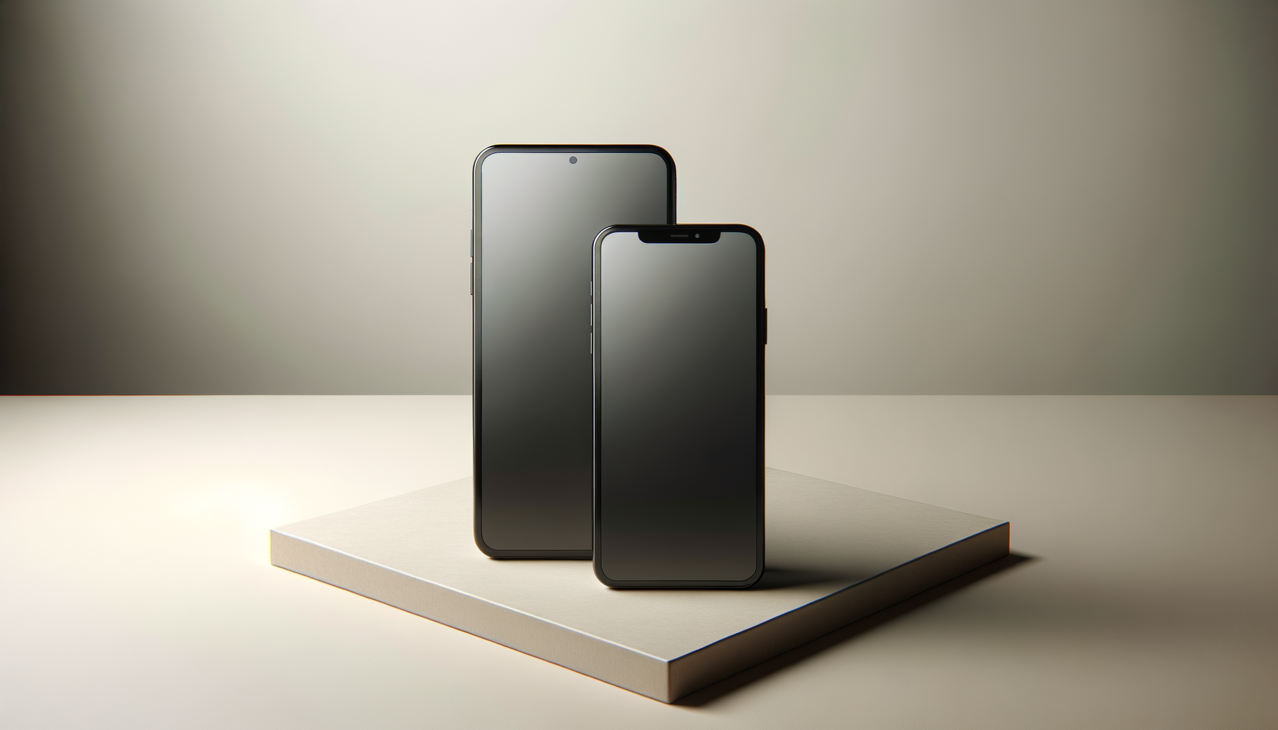 Two phones upright on a platform