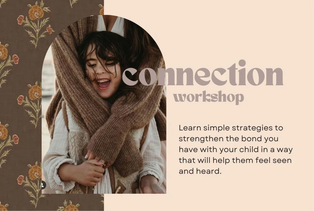 A woman hugging a child in a cozy, outdoor setting with a floral background, promoting a workshop on strengthening parent-child bonds.