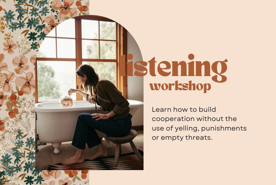 A woman teaching a young child in a bathtub by a large window with trees outside, part of a promotional graphic for a listening workshop.