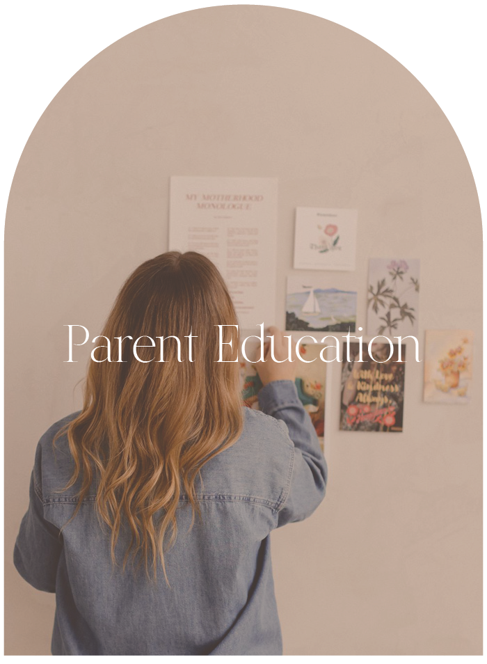 A woman with long, wavy hair wearing a denim jacket pinning a picture to a wall filled with various artworks and posters, with the text "Parent Education" overlaid.