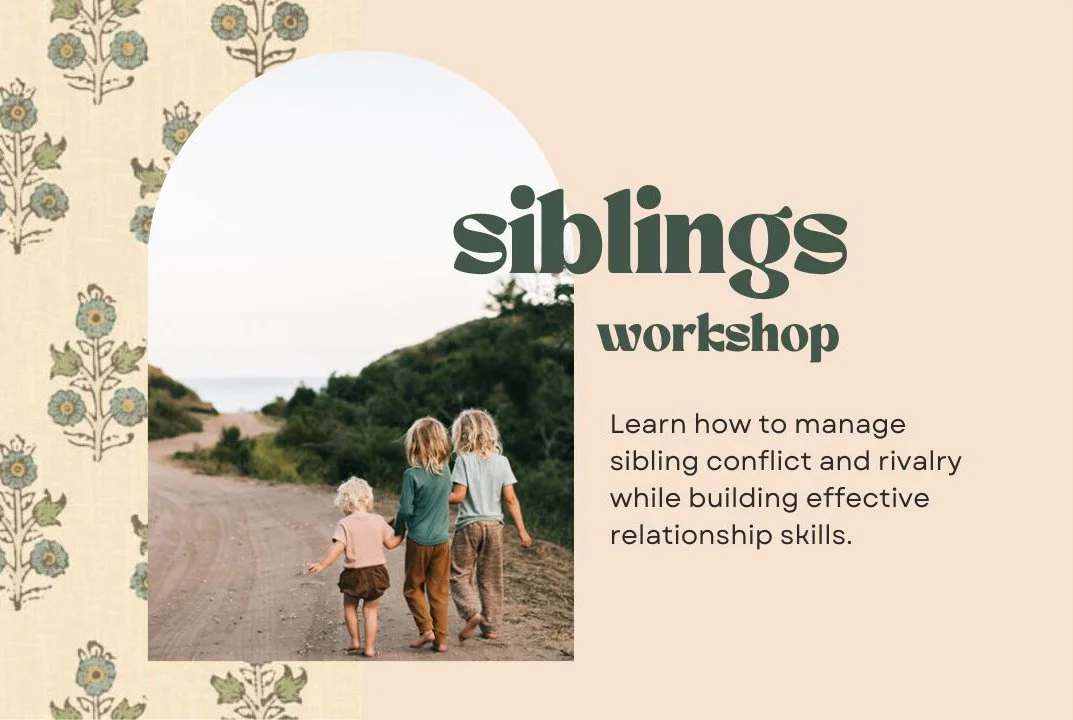 A group of three children holding hands and walking on a dirt path through a natural landscape with bushes and trees, with text about a siblings workshop.