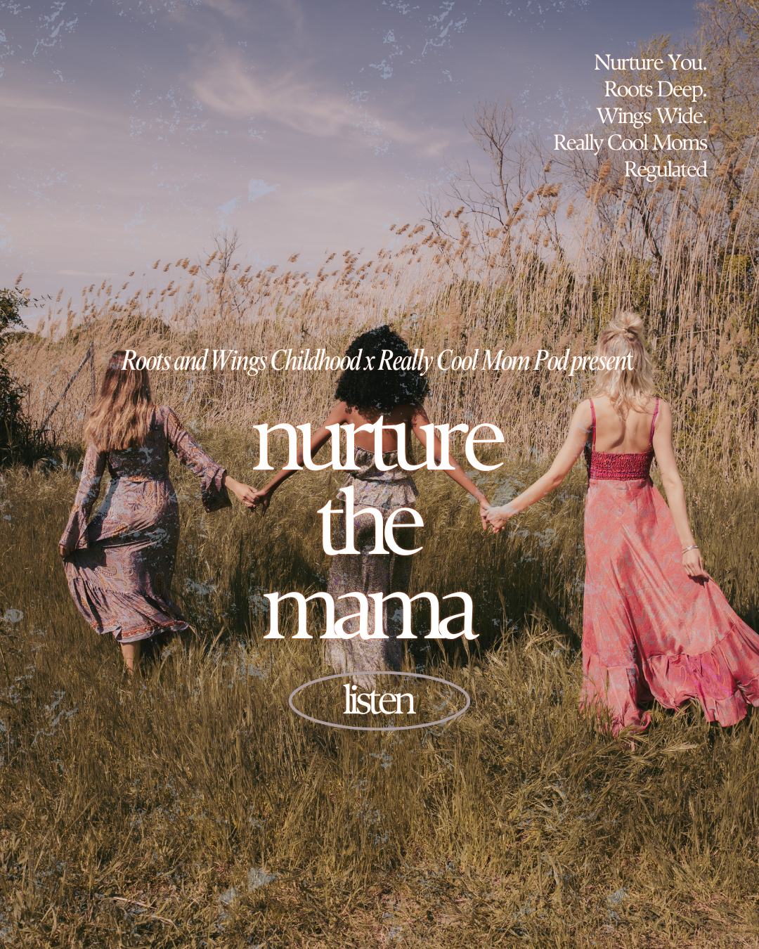 Three women holding hands and walking through tall grass in a field under a partly cloudy sky, wearing colorful dresses.