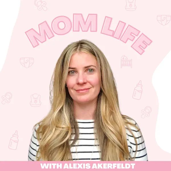 A woman with long blonde hair wearing a black and white striped shirt standing in front of a pink background with the text "Mom Life" and "With Alexis Akerfeldt".