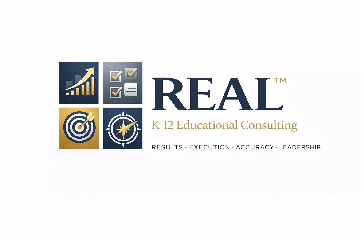 Logo for REAL K-12 Educational Consulting featuring icons representing growth, task management, goal achievement, and navigation, with the tagline Results, Execution, Accuracy, Leadership.