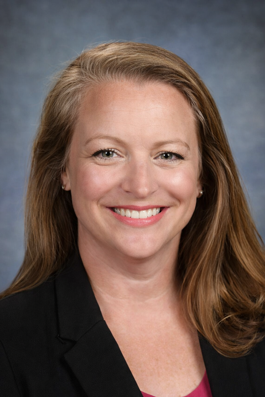 Professional headshot of a woman with reddish-brown hair, smiling, wearing a black blazer and a pink top, against a blue-grey background.