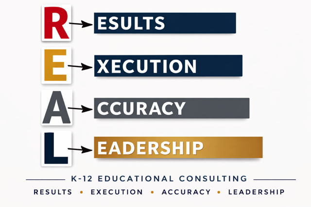 The image presents the acronym 'REALT' with each letter pointing to a word: R for Results, E for Execution, A for Accuracy, L for Leadership. Below, it says 'K-12 Educational Consulting' with keywords results, execution, accuracy, and leadership listed.