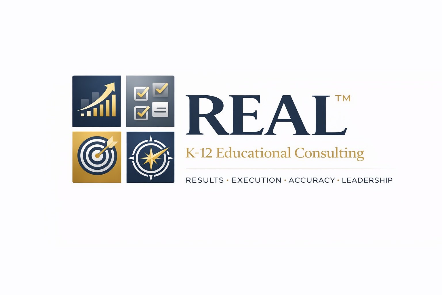Logo for REAL K-12 Educational Consulting featuring icons of graphs, checklists, targets, and compasses with text emphasizing results, execution, accuracy, and leadership.