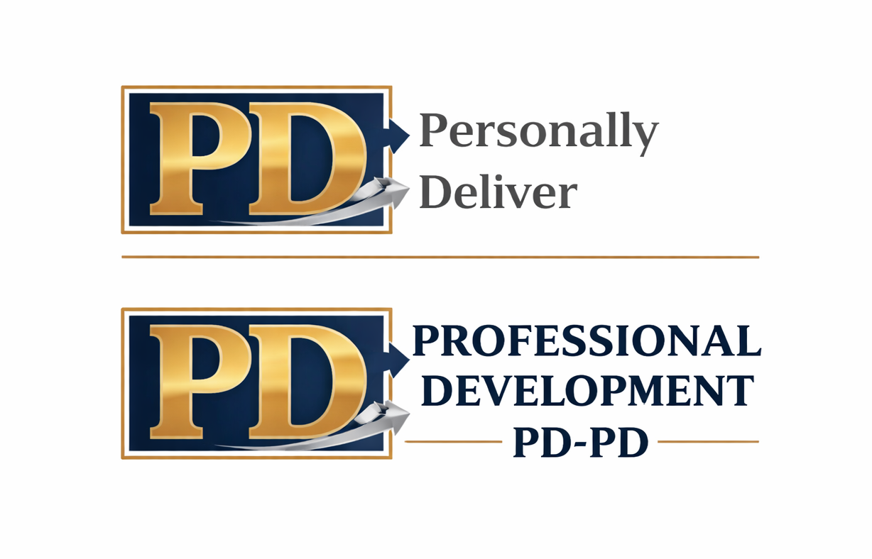 Logo with the letters 'PD' in gold, and the phrases 'Personally Deliver,' 'Professional Development,' and 'PD-PD' adjacent to or below.