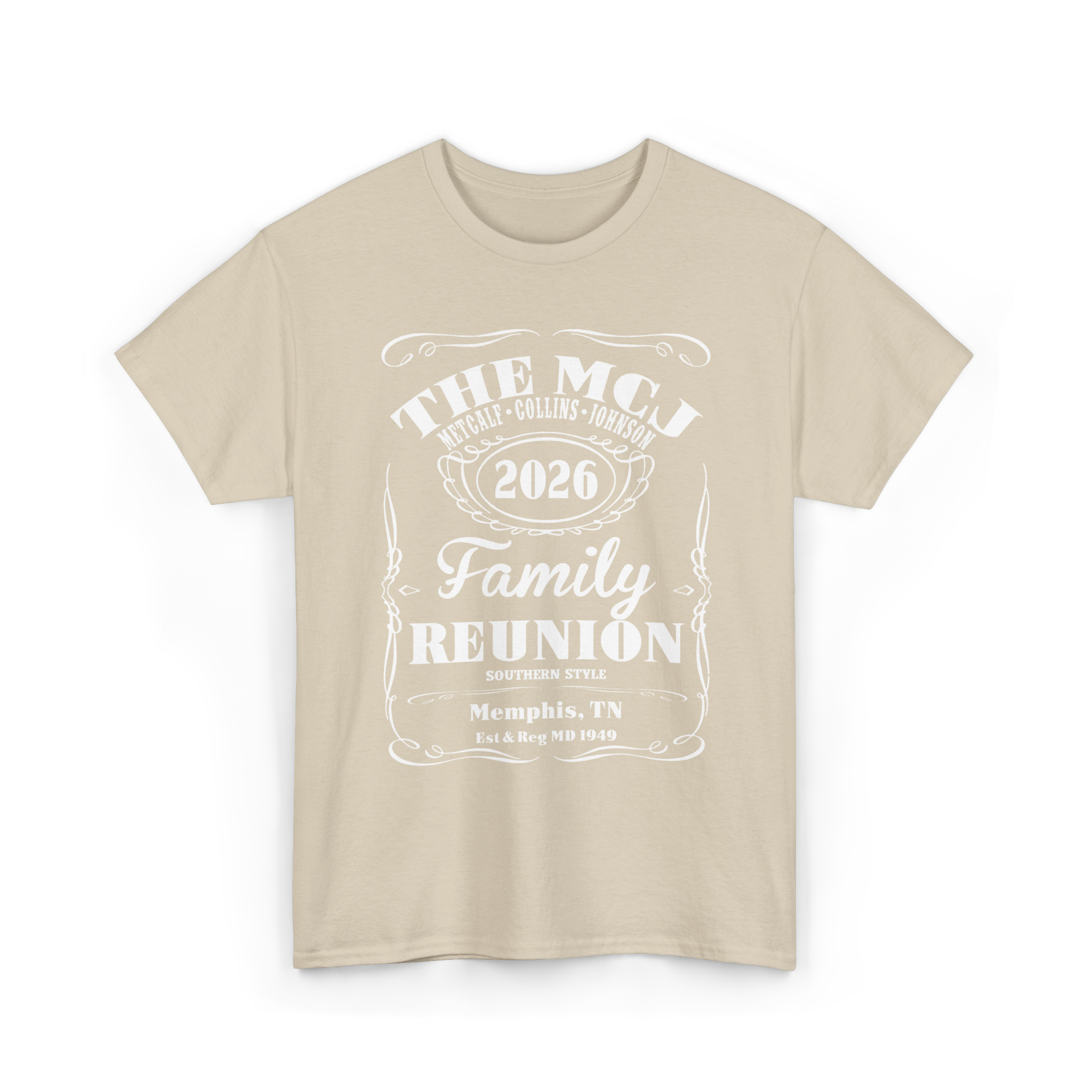 Cream-colored T-shirt with white printed text that says 'THE MCP FAMILY REUNION Memphis, TN'.
