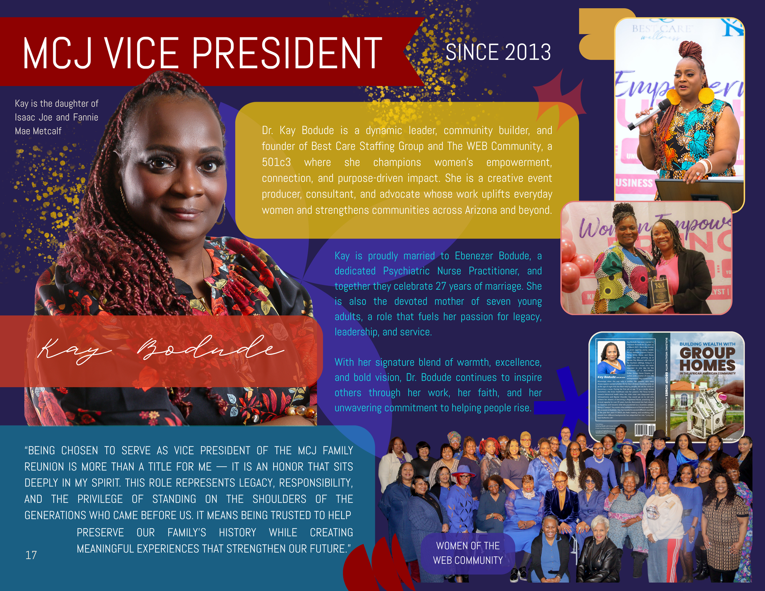Collage of women with a prominent quote about service and legacy, featuring a woman with braided hair speaking into a microphone at an event, with a group photo of diverse women in blue attire.