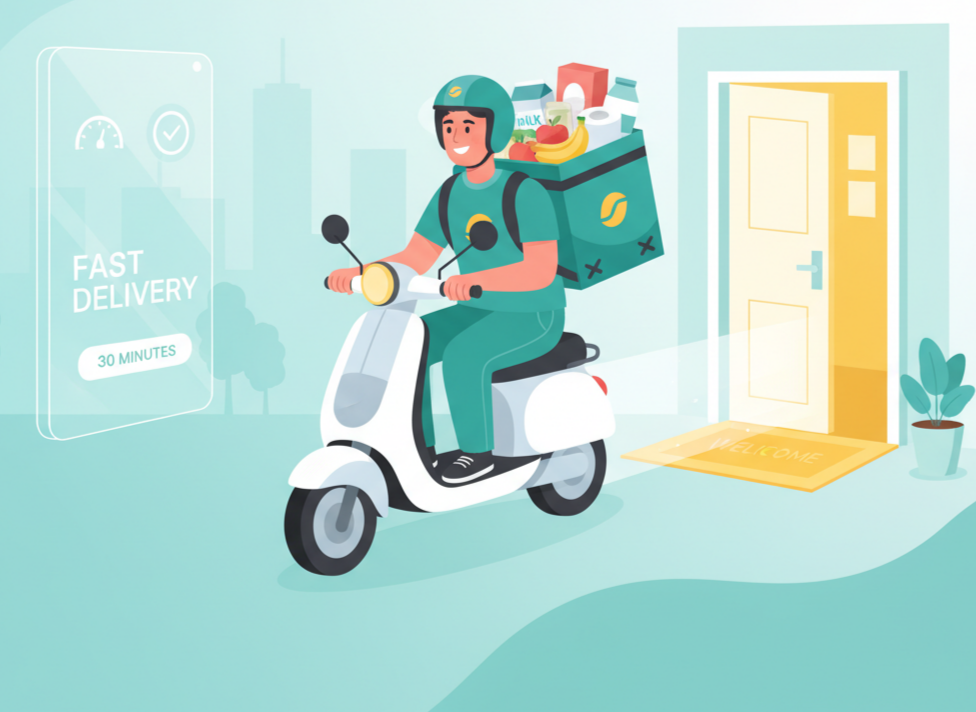 Delivery person on a scooter with a backpack full of groceries, arriving at a home with a "Welcome" mat, while a digital overlay shows a fast delivery estimate of 30 minutes.