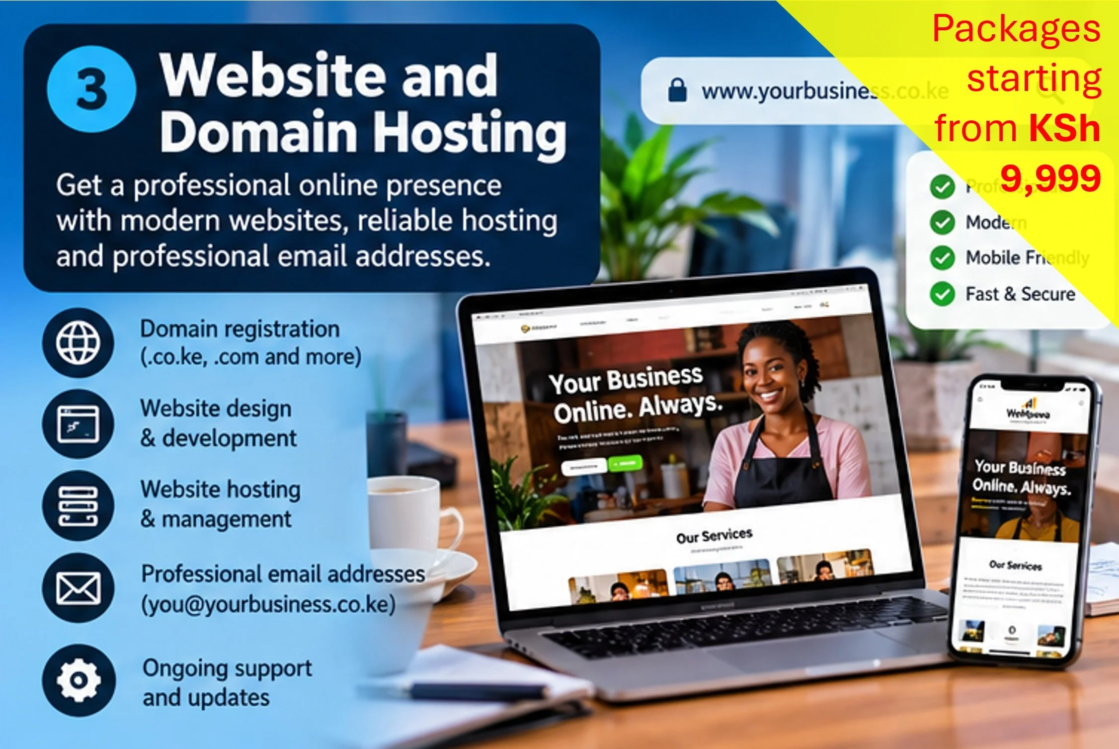 Promotional flyer advertising website and domain hosting packages starting at 9,999 Kenyan shillings, with text highlighting features such as reliable hosting, modern websites, mobile-friendly design, fast and secure service, professional email addresses, ongoing support, and updates.