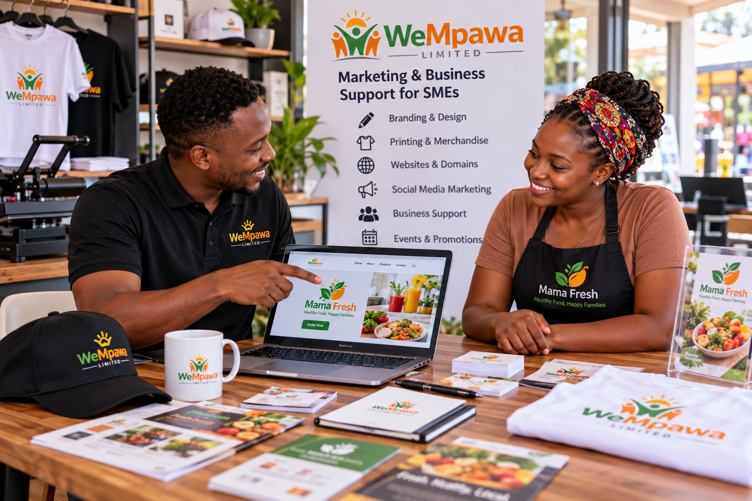 Two people sitting at a table smiling and talking, with a promotional banner behind them that reads 'WeMpawa LIMITED Marketing & Business Support for SMEs.' The table displays various marketing materials, a laptop, caps, and a mug, all branded with 'WeMpawa LIMITED' and 'Mama Fresh' logos, in an indoor setting with shelves, plants, and merchandise.