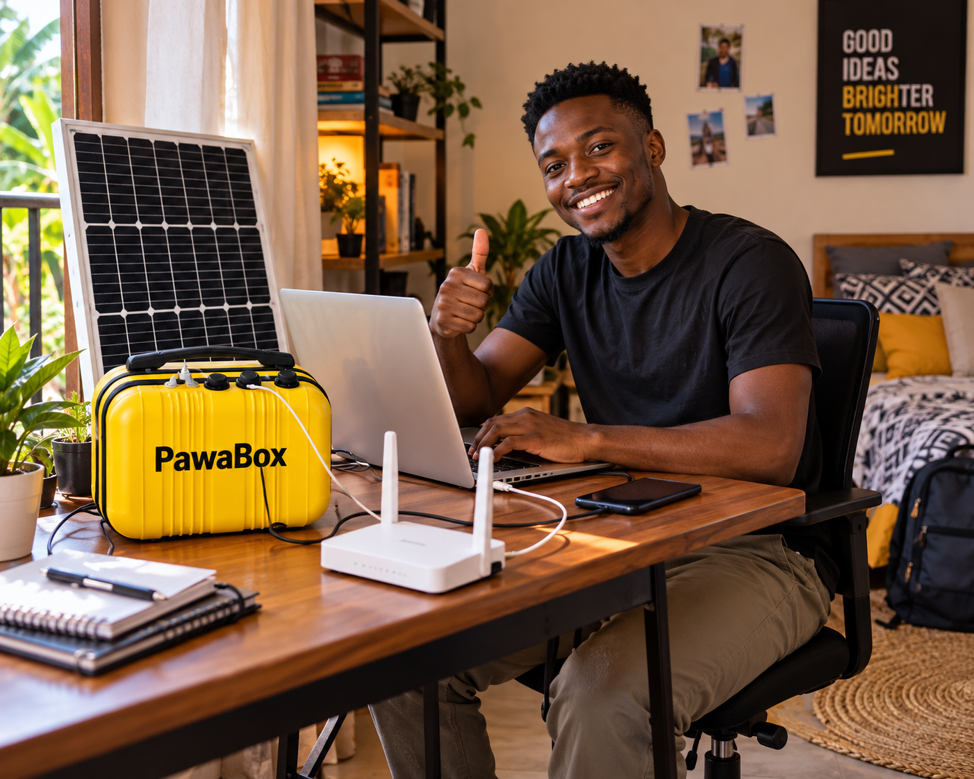 A young man sitting at a wooden desk in a cozy room, smiling and giving a thumbs-up while working on a laptop connected to a solar power system with a yellow PawaBox, a solar panel, and Wi-Fi router, surrounded by plants and decorative items.