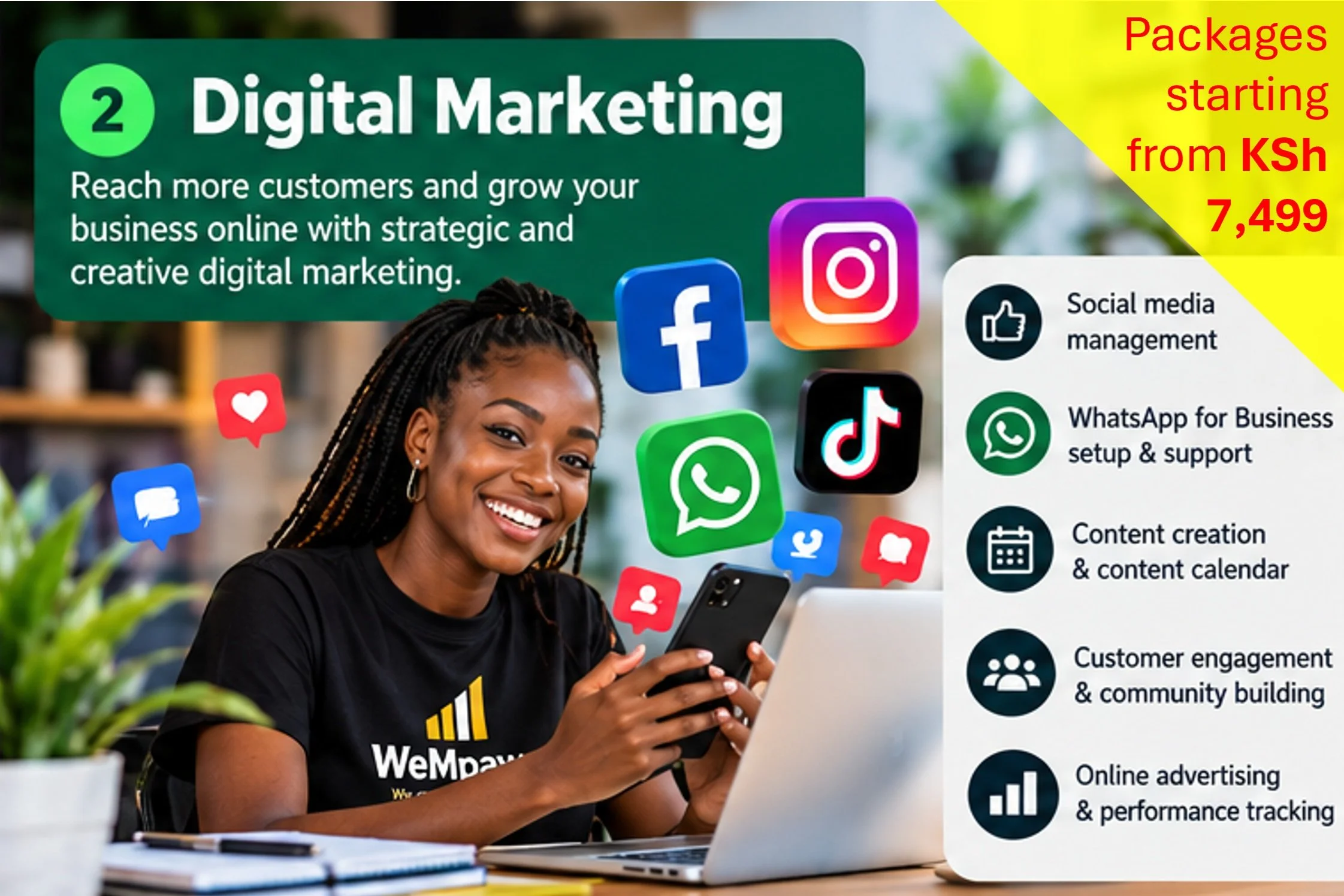 A smiling woman using her smartphone while sitting at a desk with a laptop, notebooks, and a plant. The background includes a colorful flyer promoting digital marketing services with social media icons and details about packages starting from KSh 7,499.