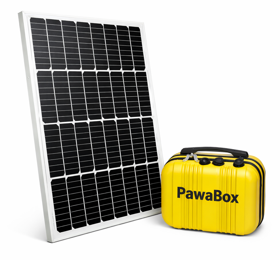 A large solar panel and a yellow portable battery pack labeled 'PawaBox' on a white background.