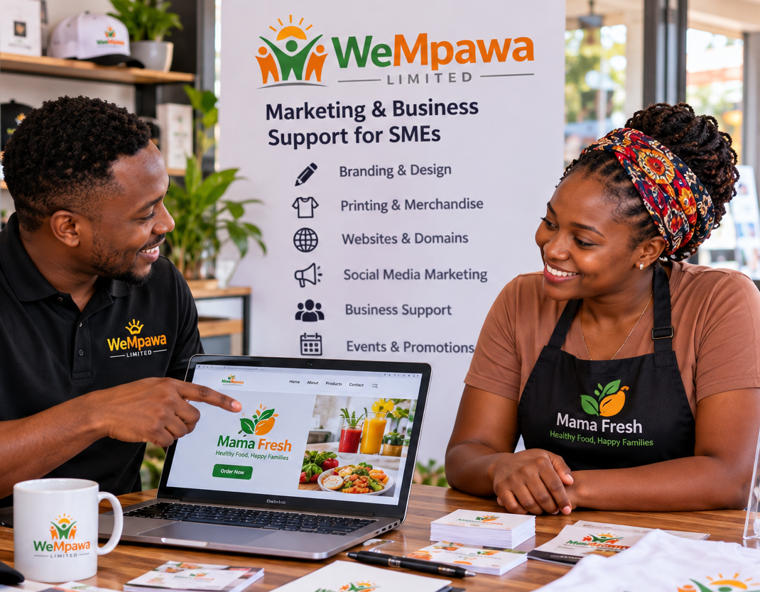 Two people sitting at a table during a meeting, with promotional materials for WeMpawa Limited and Mama Fresh, and a laptop displaying the Mama Fresh website. A banner in the background lists services for SMEs.