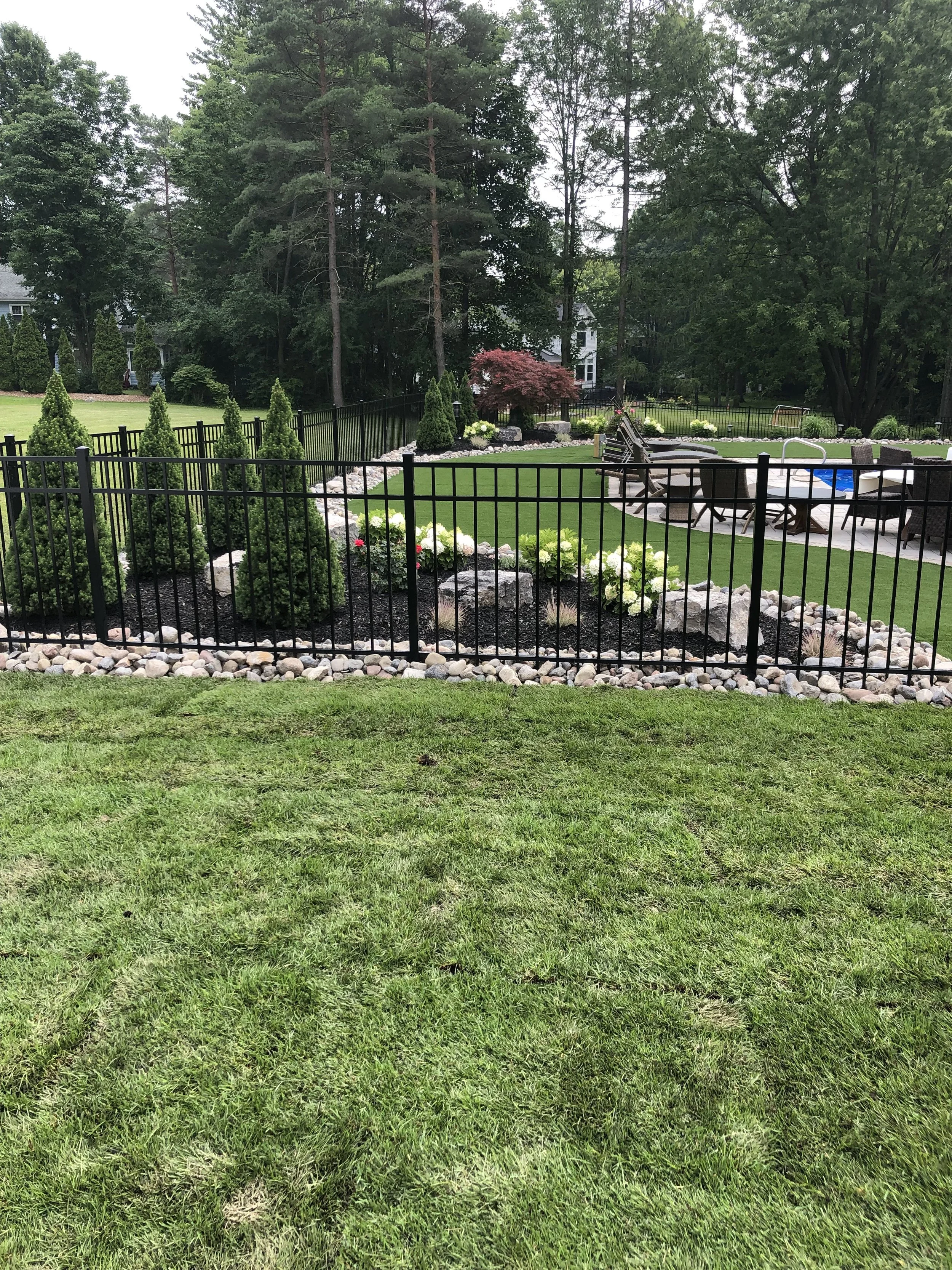 Well-maintained backyard with a grassy lawn, black metal fence, landscaped flower bed with small evergreen trees, white flowers, and rocks, outside patio area with lounge chairs, table, and a kiddie pool, surrounded by tall trees and residential hous