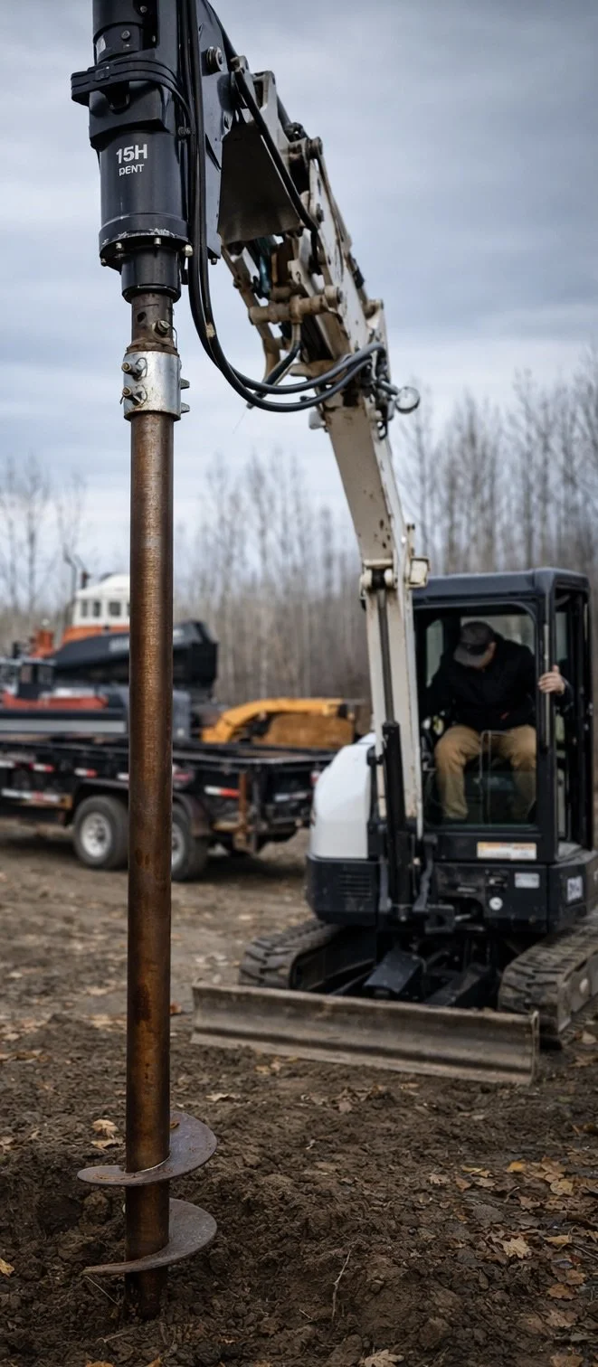 Close-up of a small excavator with a person operating it, digging into the ground during overcast weather, with trees in the background.
