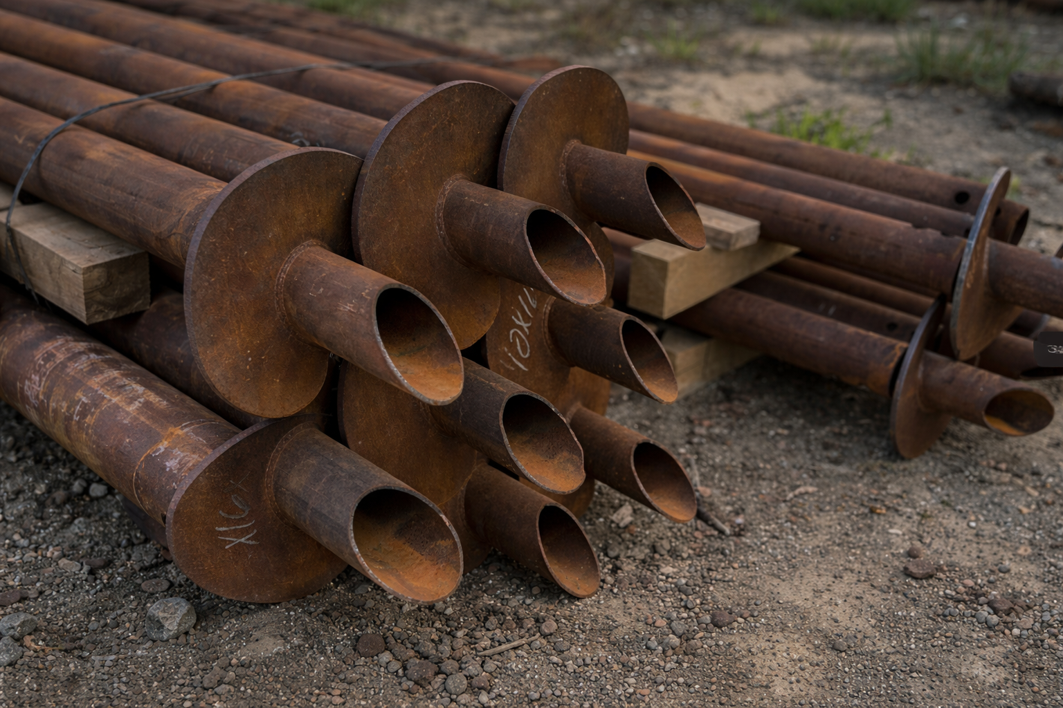 Rusty metal pipes with flared ends stacked on wooden supports outdoors.